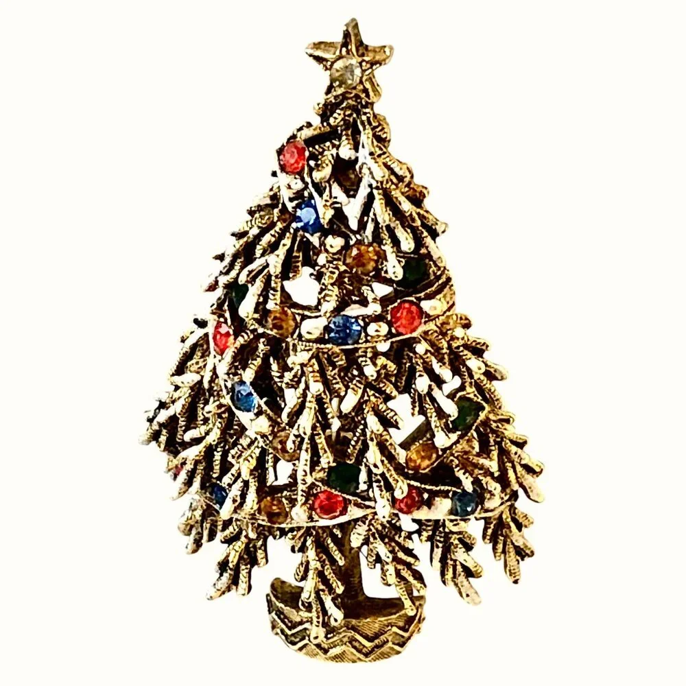 ART Arthur Pepper Vintage Christmas Tree Brooch Rhinestones & Beads Snow Signed